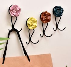 Multicolor Ceramic Flower Decorative Wall Hook in Set of 4