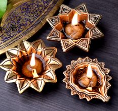 Classical Golden Brass Flower Shape Diwali Diya For Mandir Decoration Pack of 3