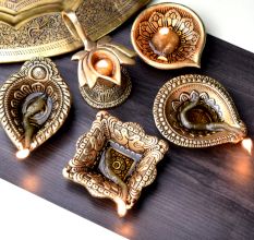 Golden Brass Oil Lamp Diwali Diya Gifts Worship Decoration Pack of 5