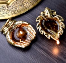 Golden Sankh and Hands Brass Oil Lamp Diwali Diya Gifts Worship Decoration Pack of 2