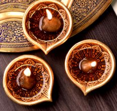 Festival Big Flower Engraved Diya Oil Lamp Pack of 3