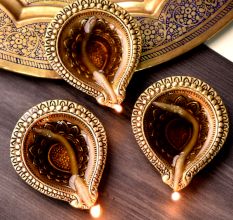Brass Flower Engraved Oil Lamp Diwali Diya Gift Pack of 3