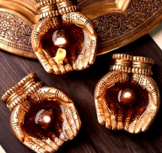 Engraved Design Two Hands Brass Diwali Diyas Pack of 3