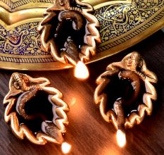Brass Ganpati And Leaf Shape Diwali Diya Pack of 3 Diyas