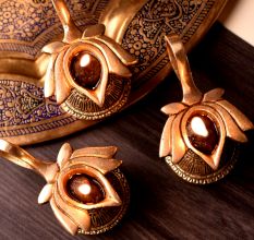 Brass Lotus Shape Diwali Diya With Handle Pack of 3
