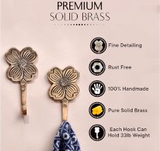 Golden Flower Brass Wall Hooks for Hanging - Pack of 3