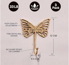 3 Pieces Brass Butterfly Vintage Wall Decor Hook For Hanging