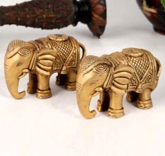 Handmade Golden Brass Elephant Statue in Pair of 2