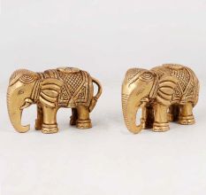 Handmade Golden Brass Elephant Statue in Pair of 2
