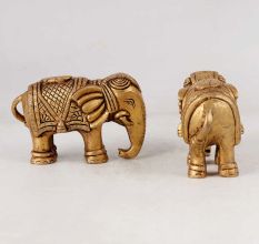 Handmade Golden Brass Elephant Statue in Pair of 2