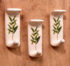 Beautiful White Ceramic Green Leaf Self Adhesive Hooks - Pack of 3