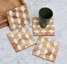 Cube Pattern Wooden Tea Coasters - Pack of 4