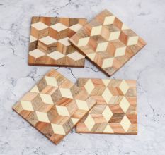 Cube Pattern Wooden Tea Coasters - Pack of 4