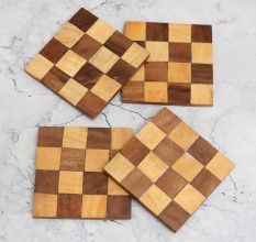 Brown Check Pattern Wooden Coasters for Decor - Pack of 4