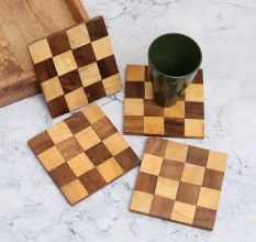 Brown Check Pattern Wooden Coasters for Decor - Pack of 4