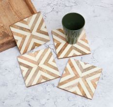 Brown & White Coloured Pattern Wooden Coasters - Pack of 4