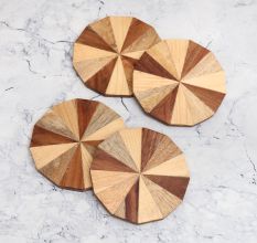 Modern Circle Shaped Brown Wooden Coasters - Pack of 4