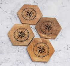 Brown Wooden Coasters Engraved with Compass - Pack of 4