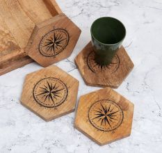 Brown Wooden Coasters Engraved with Compass - Pack of 4