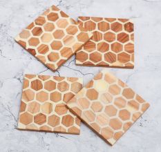 White and Brown Honeycomb Pattern Wooden Coasters - Pack of 4