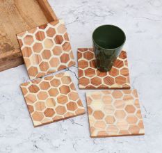 White and Brown Honeycomb Pattern Wooden Coasters - Pack of 4
