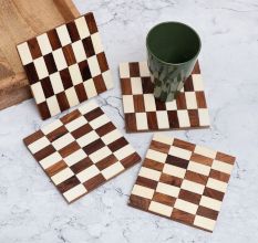 White and Brown Handcrafted Wooden Coasters - Pack of 4