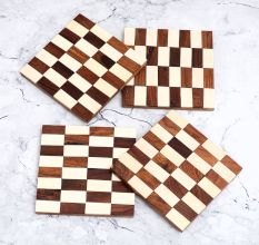 White and Brown Handcrafted Wooden Coasters - Pack of 4