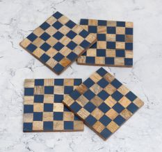 Blue and Brown Check Pattern Wooden Coasters - Pack of 4