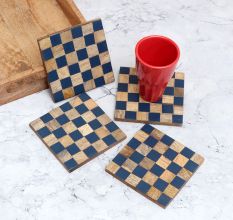Blue and Brown Check Pattern Wooden Coasters - Pack of 4