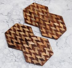 Handcrafted Brown Pattern Wooden Coasters - Pack of 4