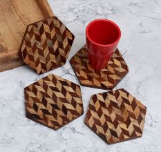 Handcrafted Brown Pattern Wooden Coasters - Pack of 4