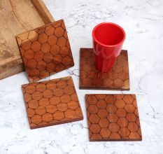 Honeycomb Pattern Brown Wooden Coasters - Pack of 4