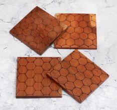 Honeycomb Pattern Brown Wooden Coasters - Pack of 4