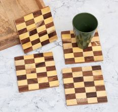 Brown Check Pattern Wooden Coasters - Pack of 4