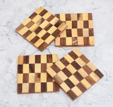 Brown Check Pattern Wooden Coasters - Pack of 4