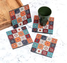 Multi-Coloured Decorative Wooden Coasters - Pack of 4