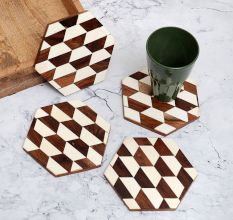 Hexagon Shaped Decorative Wooden Coasters - Pack of 4