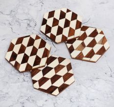 Hexagon Shaped Decorative Wooden Coasters - Pack of 4