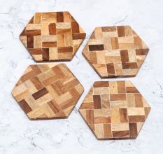 Antique Brown Hexagon Wooden Coasters - Pack of 4