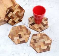 Antique Brown Hexagon Wooden Coasters - Pack of 4