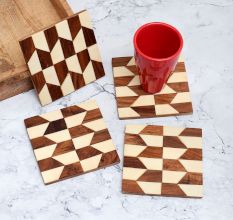 Modern Brown and White Pattern Wooden Coasters - Pack of 4