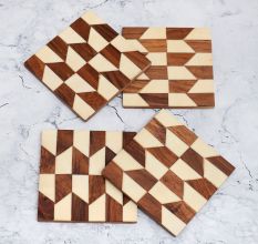 Modern Brown and White Pattern Wooden Coasters - Pack of 4
