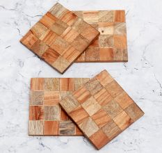 Brown Check Pattern Wooden Coasters - Pack of 4