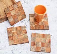 Brown Check Pattern Wooden Coasters - Pack of 4