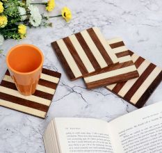 Brown and White Coloured Wooden Coasters Pack of 4