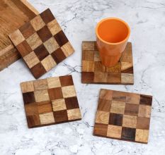Brown Checked Pattern Wooden Coaster Pack of 4