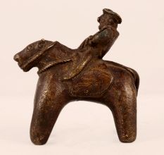 Brown Brass Horse Statue with Rider in Folk Art