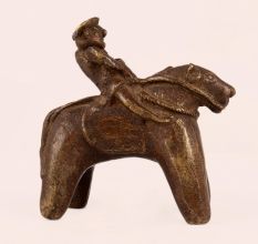 Brown Brass Horse Statue with Rider in Folk Art