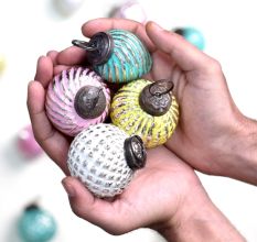 12 Pieces Multi-Coloured Distressed Round Glass Christmas Hanging