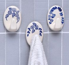 Ceramic Blue White Adhesive Hook - Pack of 3